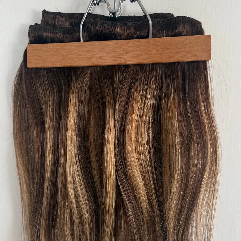 16” Brown Blonde Highlight Clip-In Hair Extensions - 100% human Hair 7 pcs - Picture 4 of 7